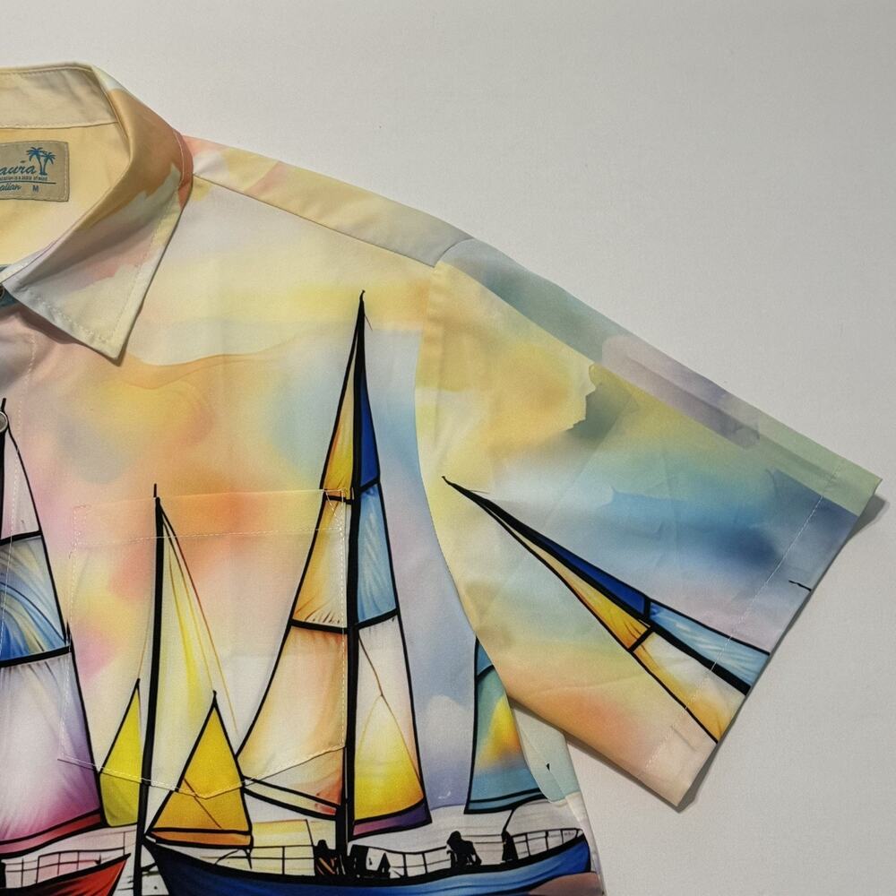Royaura Men's Hawaiian Short Sleeve Medium Multi Color Sail Boat Print Shirt - Picture 8 of 14